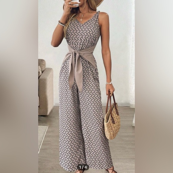Pants - Elegant Patterned Jumpsuit in tan with sash that ties at waist
